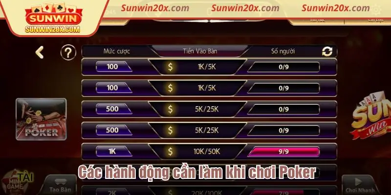 Các hành động cần làm khi chơi Poker