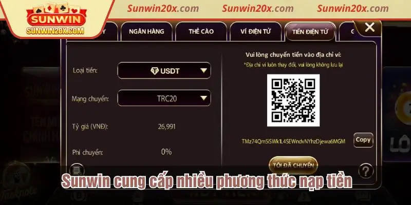 Sunwin cung cấp nhiều phương thức nạp tiền